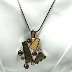 Lia Sophia Pendant Necklace Abstract Mother of Pearl Crystal Silver Tone Signed
